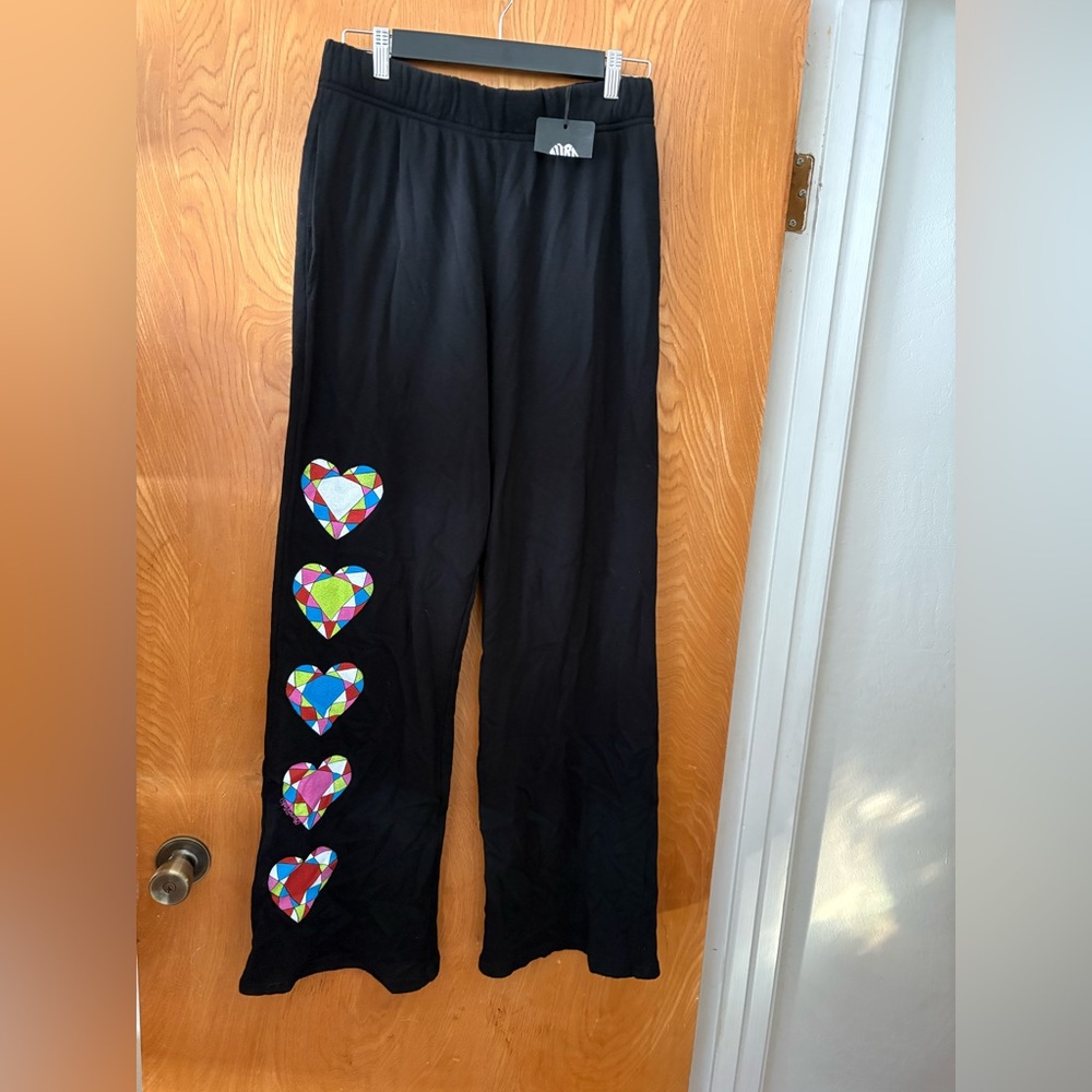 Lauren Moshi JUVIA Diamon evil eye Black Track Pants w Colorful Heart Accents M - Picture 2 of 8